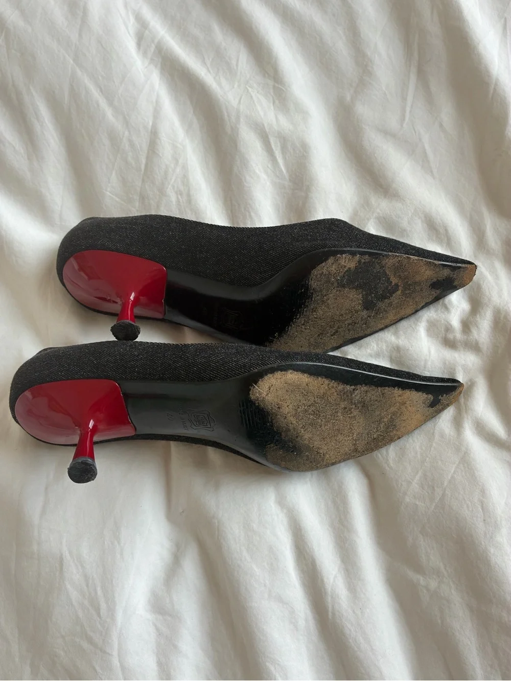 Dolce & Gabbana Black Denim Pointed Toe Red Kitten Heel Pumps with Red Interior